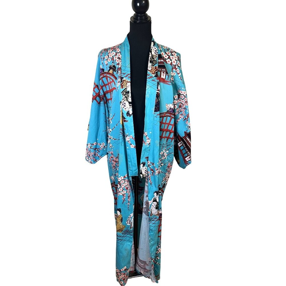 Kyoto Kimono Robe Cherry Blossom & Pagoda Print One Size Cotton Japan Teal